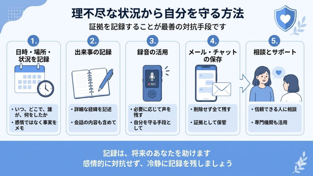 alt="自分を守るための記録や証拠の残し方をイラストでまとめた図"